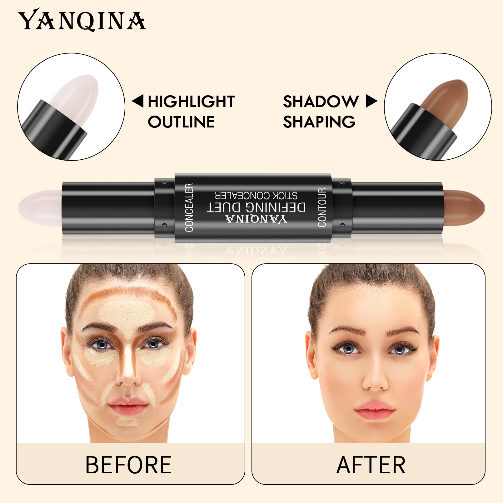 YANQINA Yanqina Dual-head Contouring Stick High-gloss Three-dimensional Modification Shadow V-face Two-in-one High-gloss Stick Beauty Specification drawing