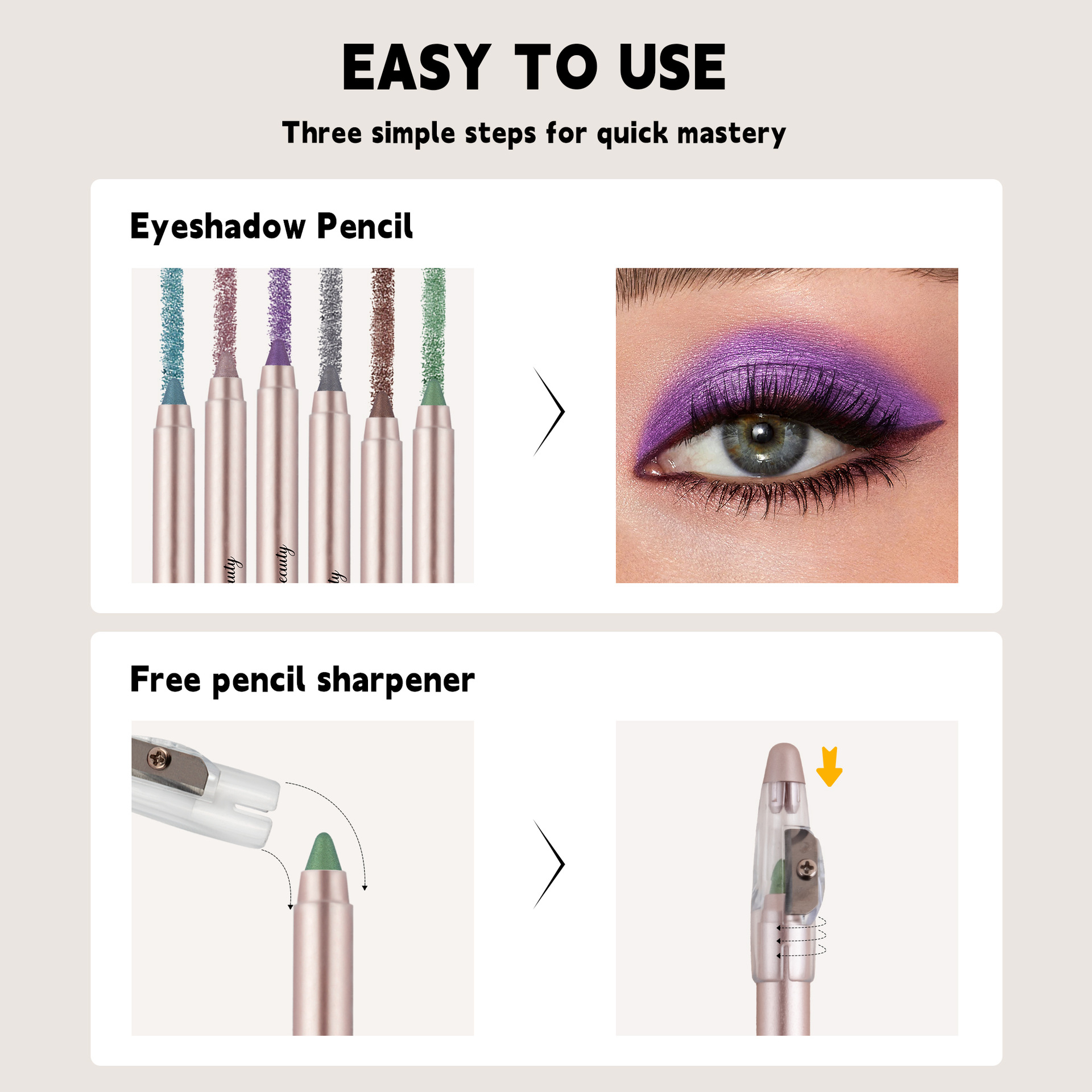 Cross-border exclusive 6-color pearlescent eyeshadow pen set, non-smudging with pencil sharpener, eyeliner pen, eye pencil, foaming pen Specification drawing
