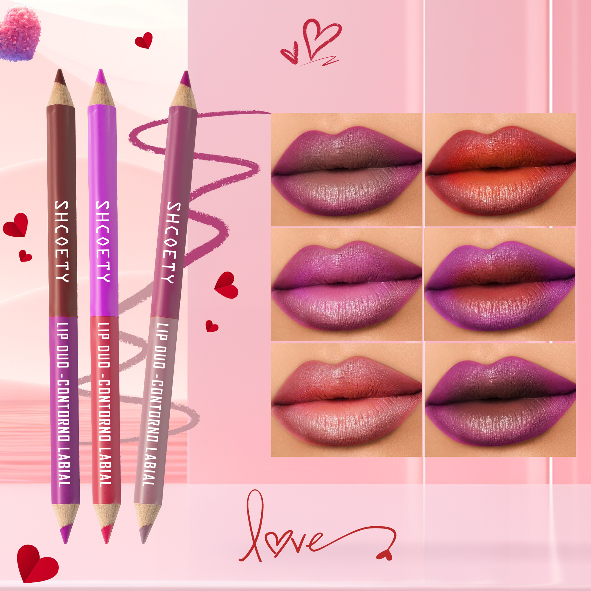 SHCOETY Cross-border double-headed dual-color wooden lip liner pen matte, long-lasting, easy to color, non-stick to cups, outlining pen makeup full figure