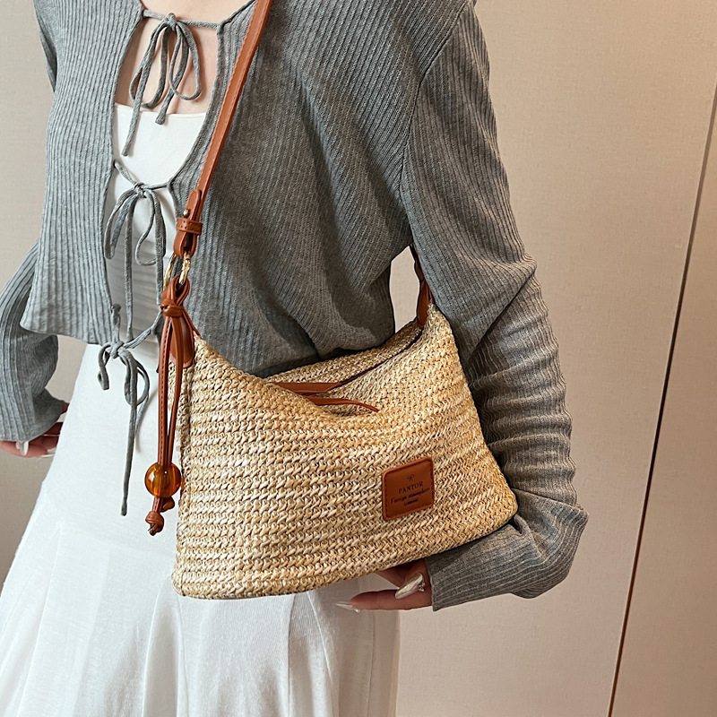 Summer woven small bag for women, 2025 new style single-shoulder crossbody bag, fashionable straw woven bucket bag, seaside vacation bag Specification drawing