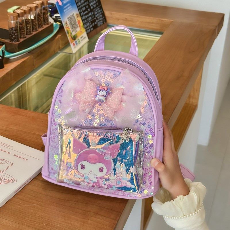 New sequined laser bow children's double-shoulder kindergarten small schoolbag, versatile and fashionable spring outing bag details Picture
