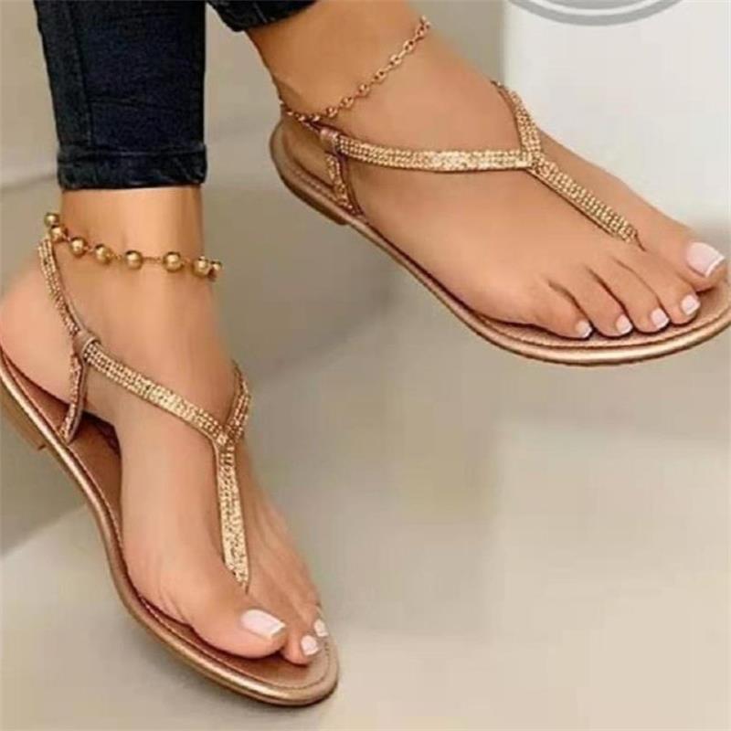 Aliexpress women's flip-toe flat sandals, low-heeled rhinestone one-button comfortable and sexy women's shoes, export one-piece consignment full figure