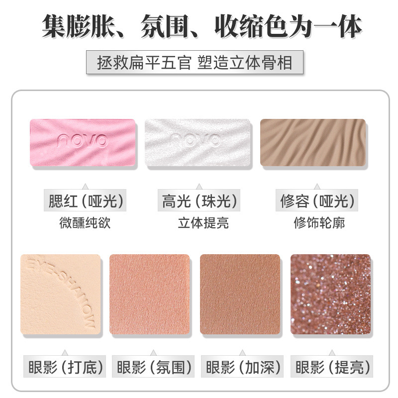 NOVO's new 27-color makeup palette features low saturation, pearlescent, matte, and high-gloss contour blush and eyeshadow. One palette is multi-functional and costs 5880 Specification drawing