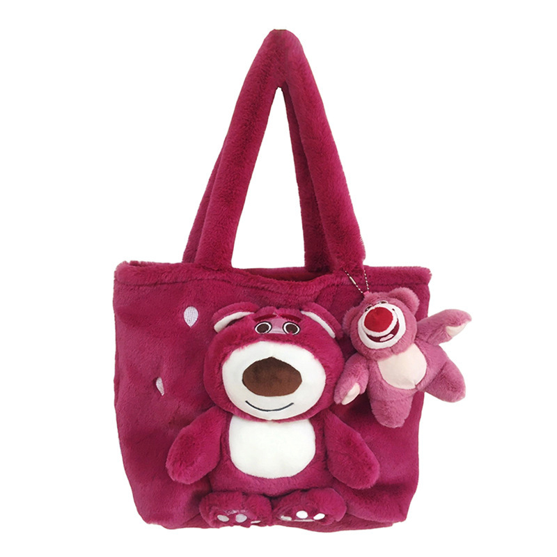 Cute plush bag for girls Autumn/Winter 2023 new Tote bag, fluffy handbag, strawberry bear sweet girl shoulder bag Item Picture