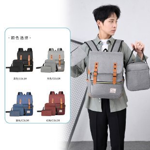 New foreign trade computer backpack, personalized retro men's and women's outdoor canvas large travel bag, fashionable backpack three-piece set details Picture