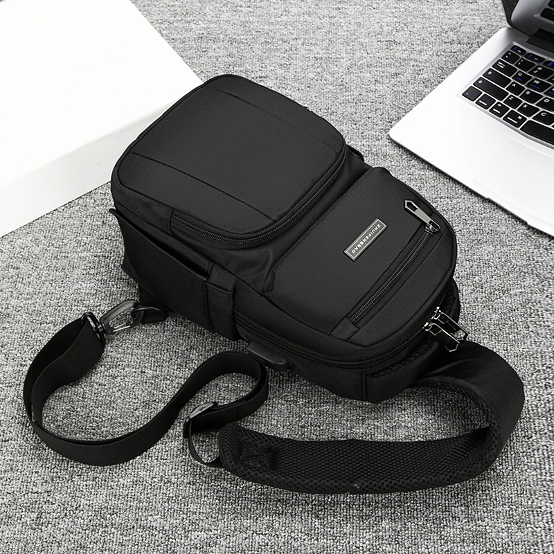 Men's chest bag, trendy USB rechargeable casual shoulder bag, cross-border water-resistant crossbody bag, multi-functional men's bag Specification drawing