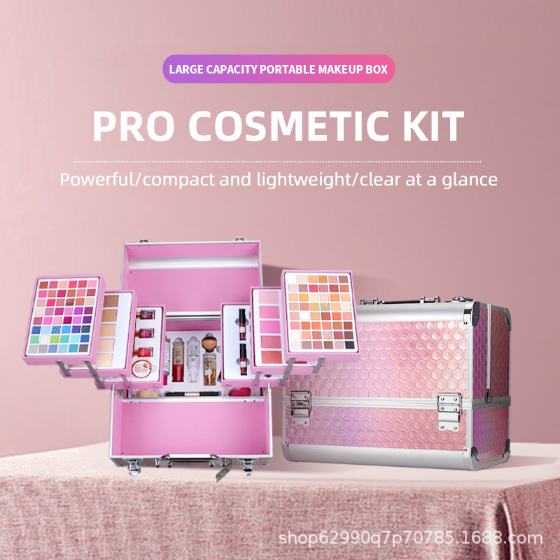 Miss Young's cross-border best-selling portable large-capacity reusable aluminum case pink and silver cosmetics and makeup details Picture