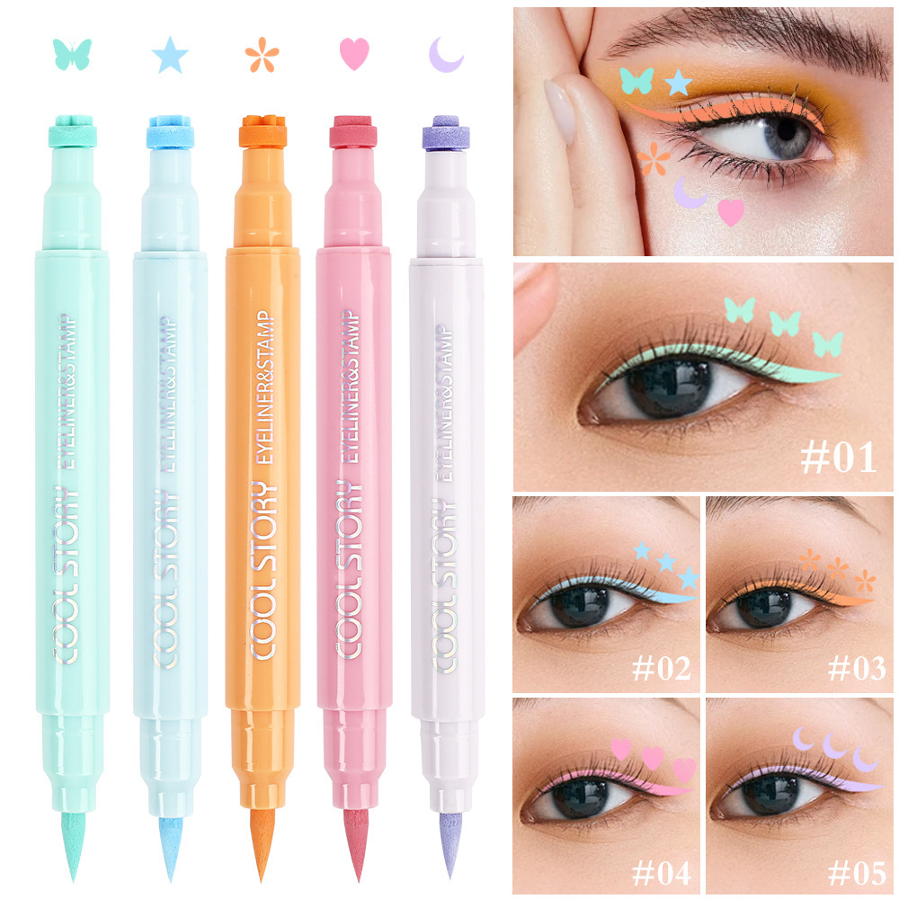 cool story Double-head Eyeliner Pen Set: 5 pieces of matte eyeliner liquid with colored stamps, long-lasting, quick-drying and sweat-proof details Picture