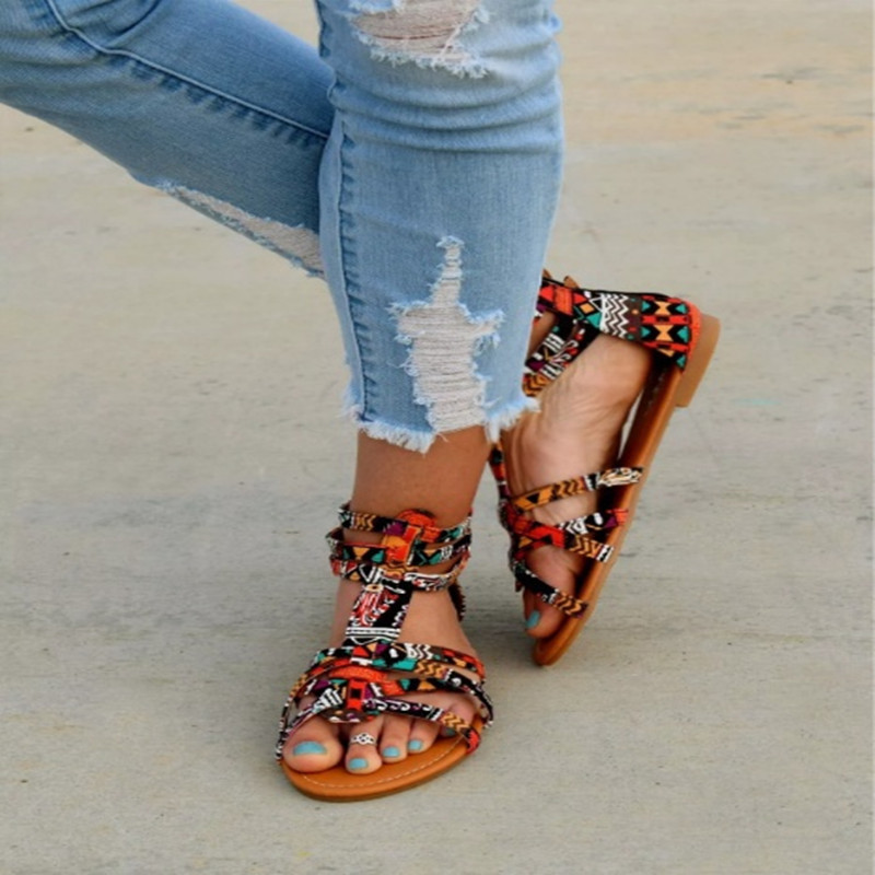 Hot-selling ethnic-style flat sandals in 2021, multi-color snake-patterned lace buckle women's sandals for export, large-sized consignment Specification drawing