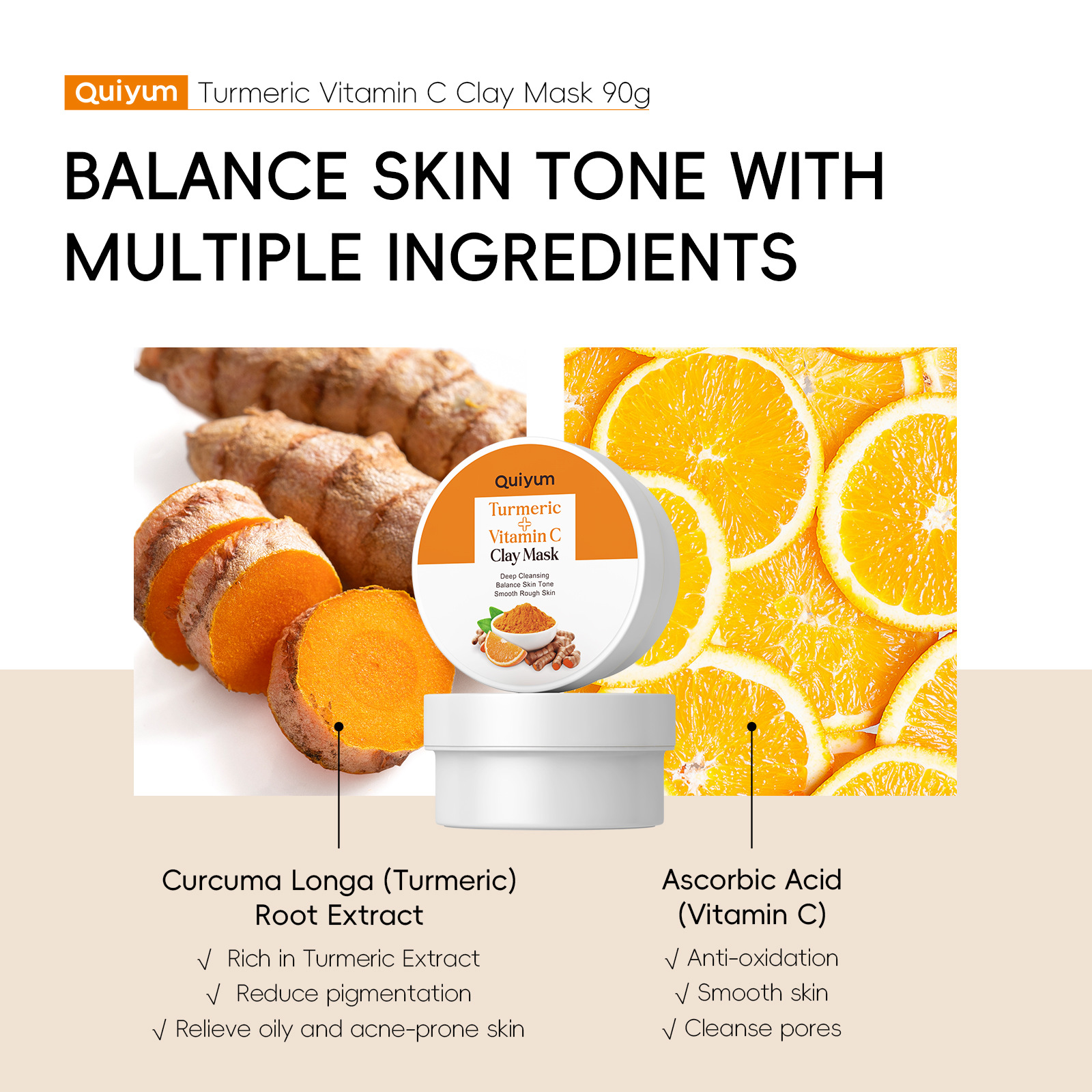 QUIYUM Turmeric Vitamin c Mud Mask 90g Cleanses pores, hydrates and moisturizes. First order, one-piece shipping, cross-border English Specification drawing