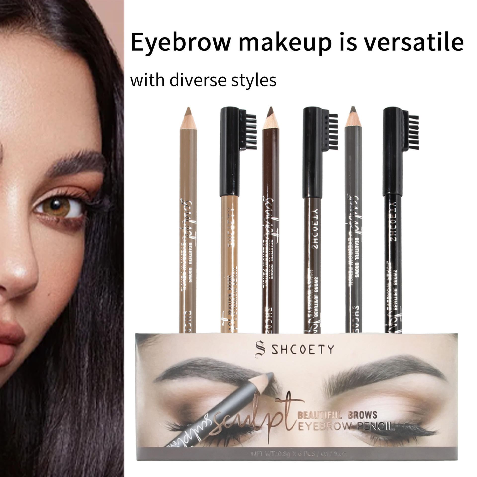 SHCOETY Cross-border Eyebrow Brush Eyebrow Pencil Set: Six-color wooden eyebrow pencils, waterproof, non-smudge and non-fading makeup pens details Picture