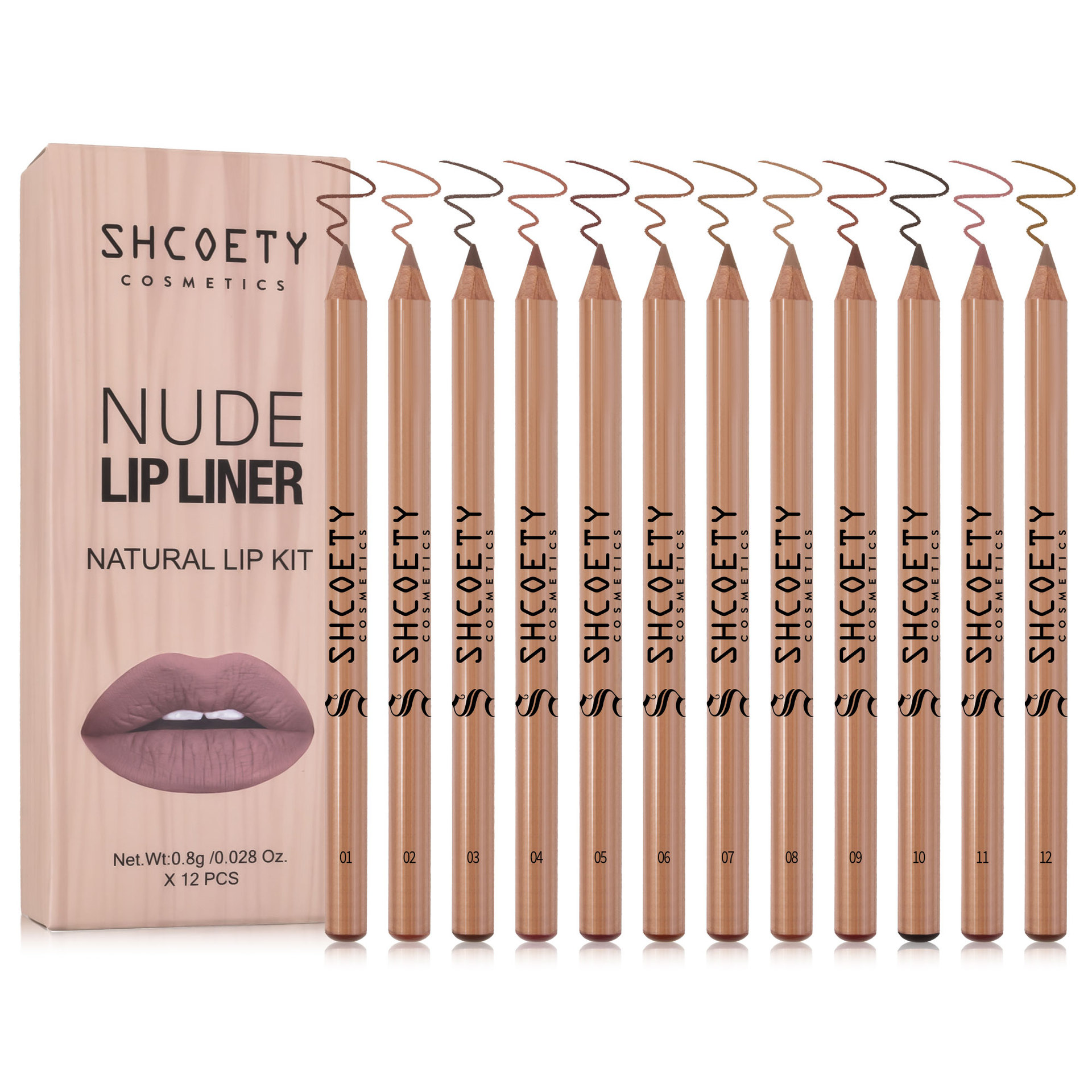 SHCOETY European and American Cross-border 12-color solid wood matte Lip liner Pen set Nude color long-lasting non-fading makeup Item Picture