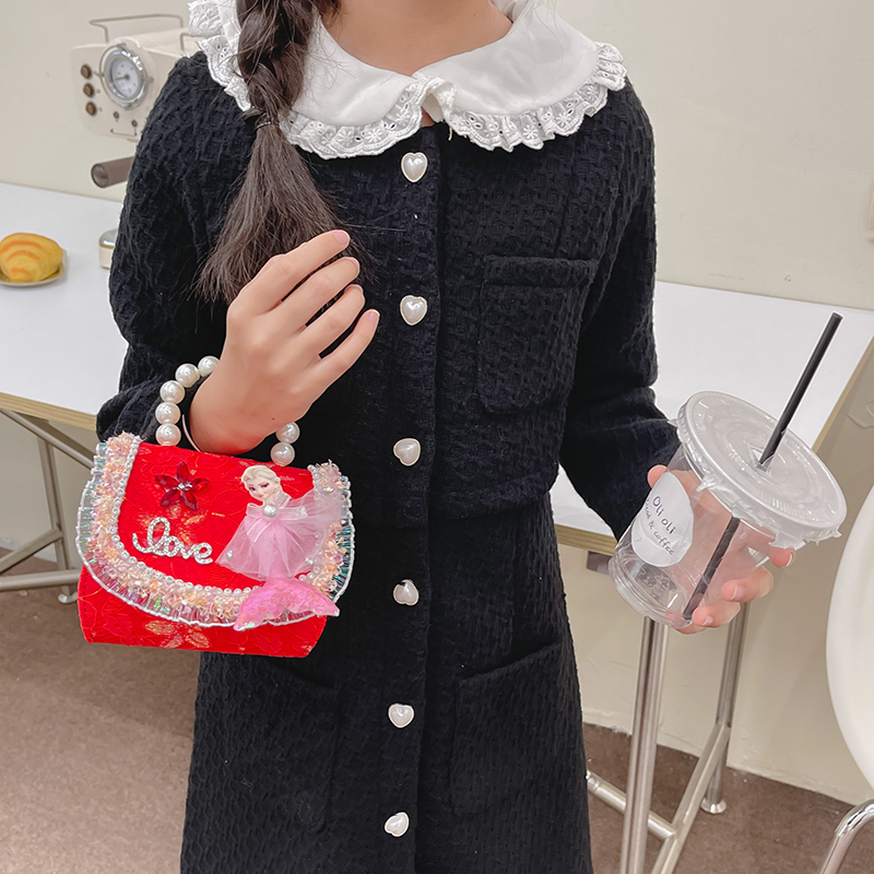 Princess Elsa Bag, Little Girl Baby New Year Greeting Bag, New Girls' Pearl Handbag, red single-shoulder crossbody bag details Picture