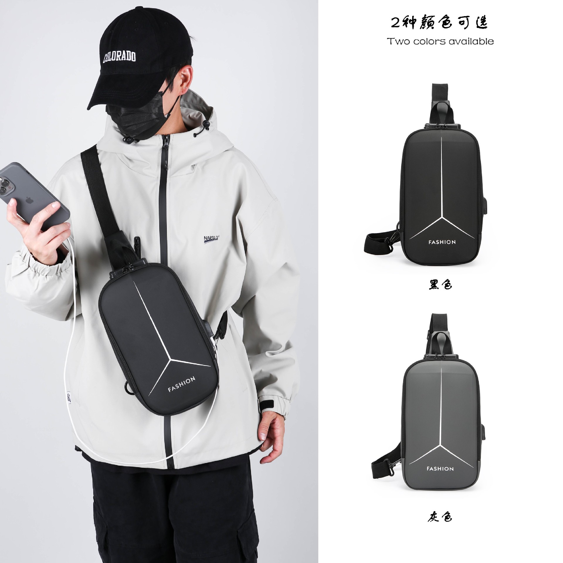 2024 Summer Men's chest bags, casual backpacks, crossbody bags, cross-border wholesale, USB charging port bags, fashionable single-shoulder bags details Picture