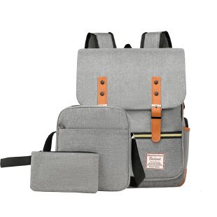 New foreign trade computer backpack, personalized retro men's and women's outdoor canvas large travel bag, fashionable backpack three-piece set Item Picture