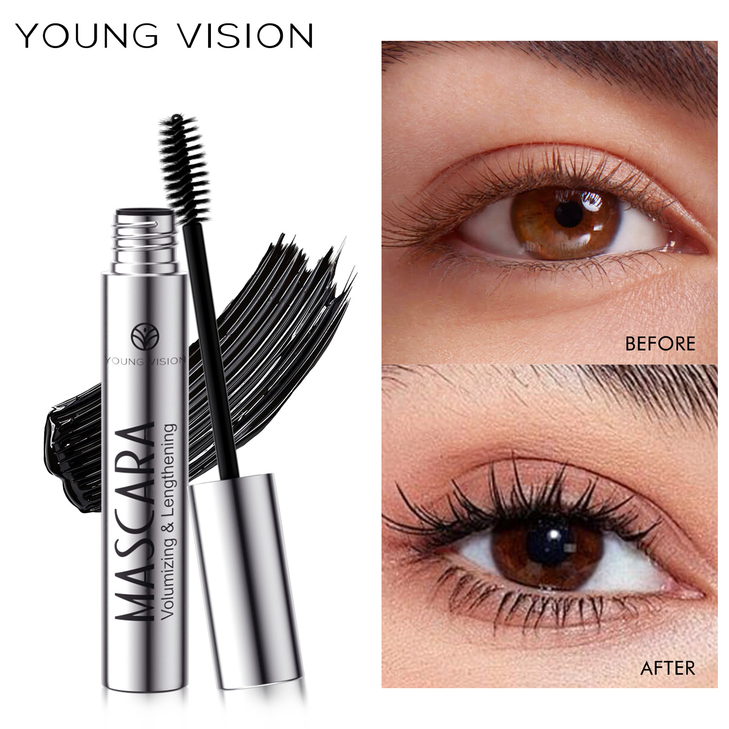 young vision makeup is rich and thick, with a water-like curling mascara and a silver tube black drawstring fiber mascara Application Scenario