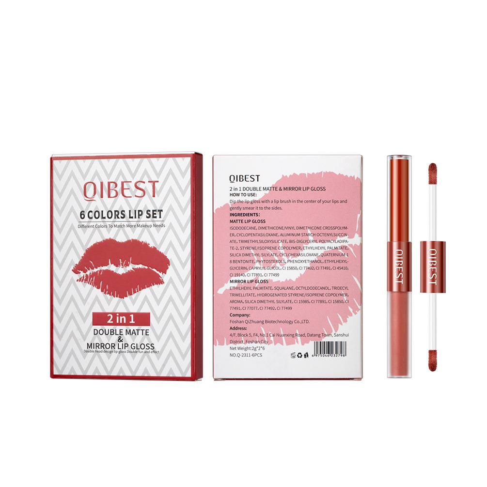 QIBEST Cross-border Velvet Two-in-One Double-head Matte Lip Gloss Matte Waterproof Non-stick Cup Non-fading Lip Gloss Set Item Picture