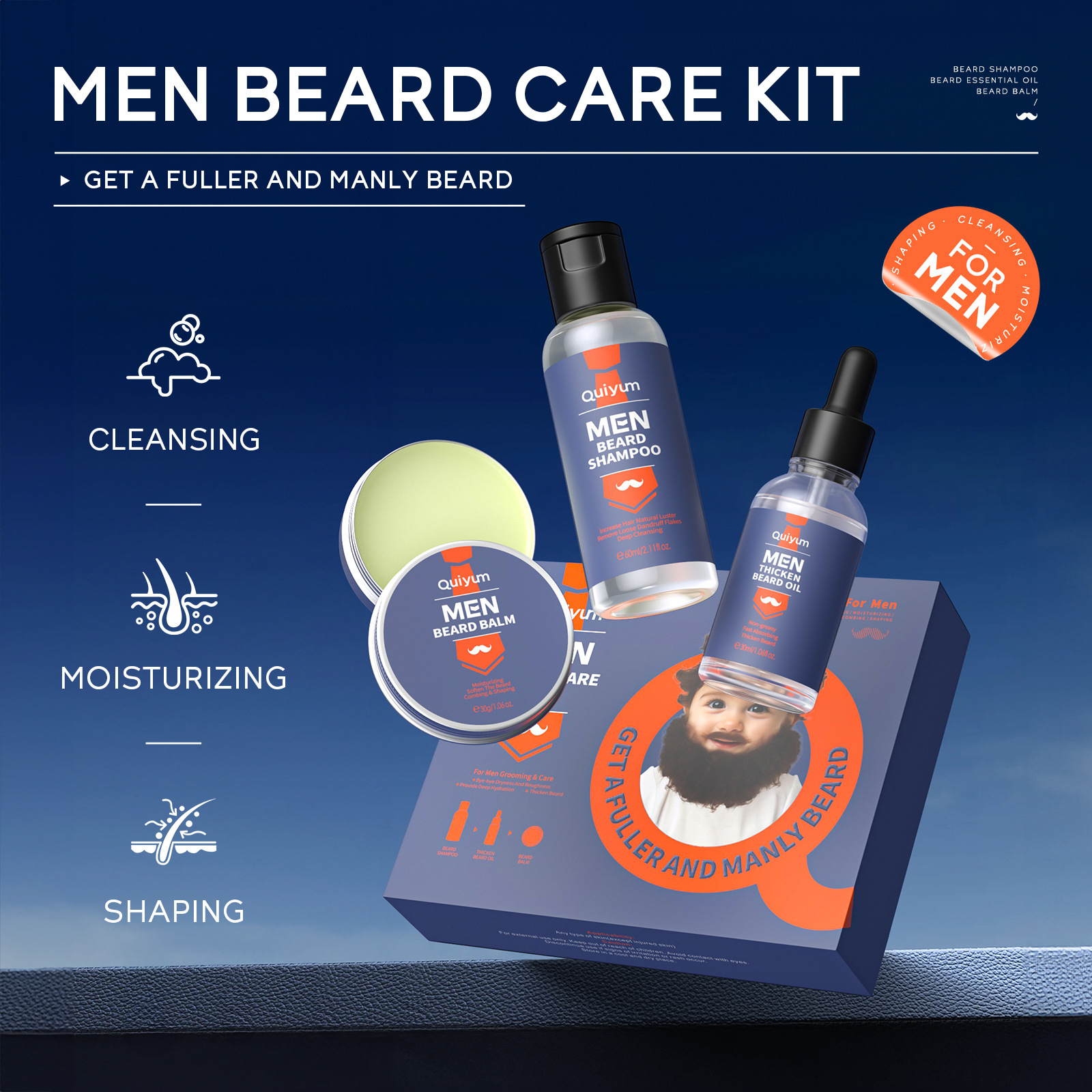 Cross-border QUIYUM men's beard Care Set 3-piece set, men's skincare set box 1-piece consignment, in stock details Picture