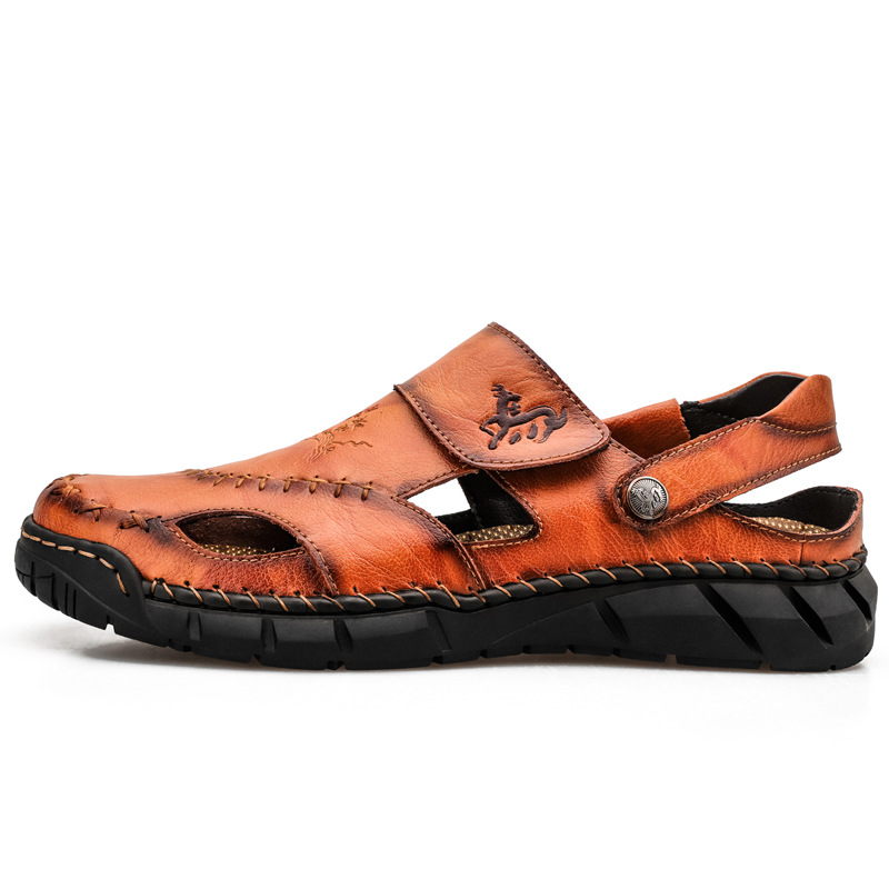 Amazon Spring/Summer men's plus-size sandals, trendy leather beach shoes, flip-flops, plus-size men's shoes, sewn shoes, cross-border details Picture