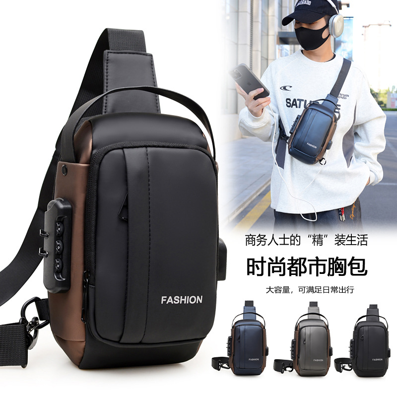 New water-resistant crossbody bag, men's crossbody backpack, men's motorcycle and mobile phone bag, commuting password lock chest bag details Picture