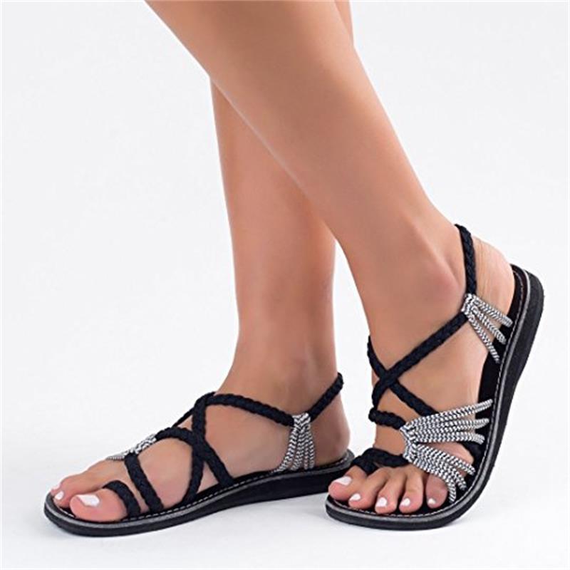 Summer 2020 export large-sized herd-shaped sandals, European and American beach open-toe flat and fashionable straw-woven rope knot women's sandals Item Picture