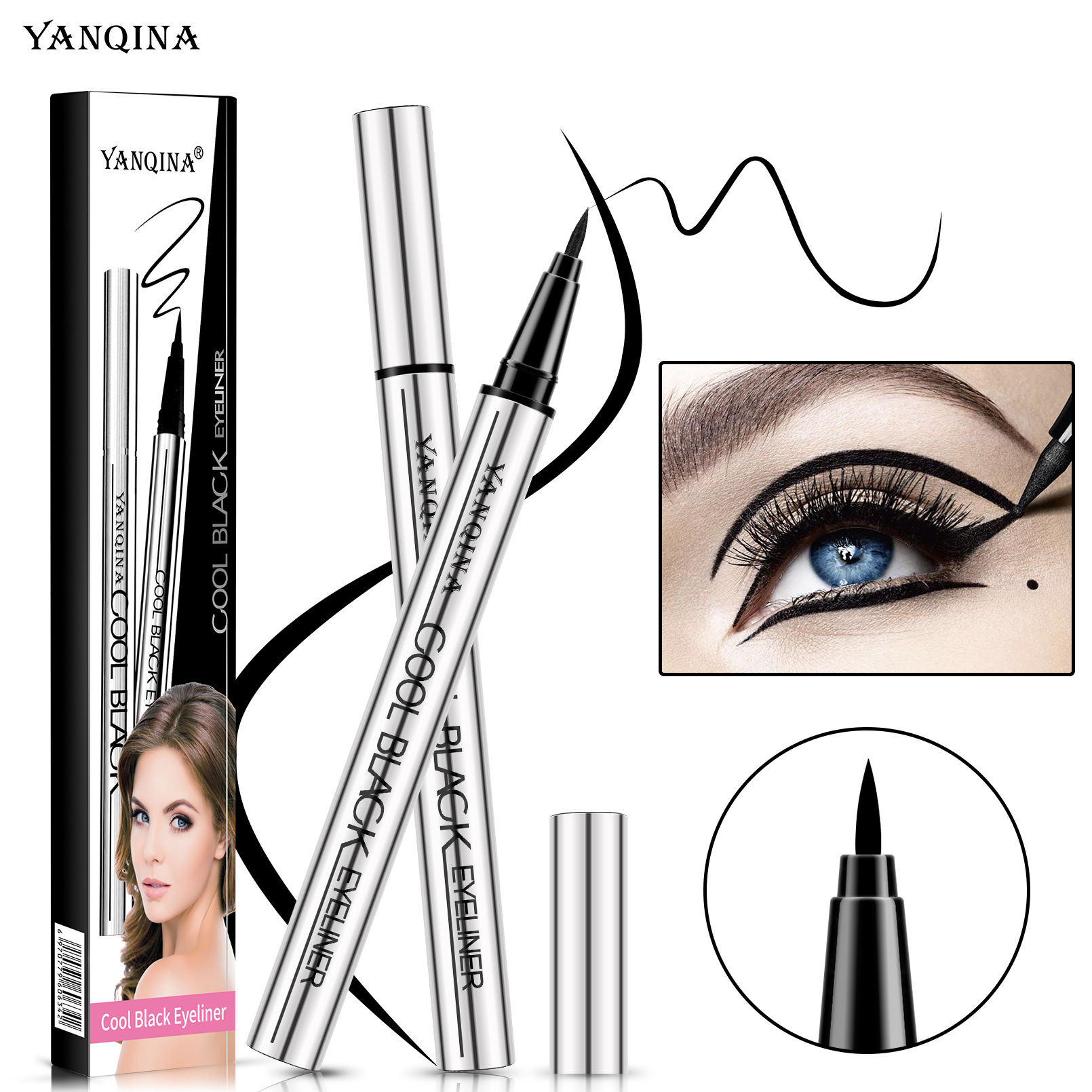 YANQINA Black smooth silver tube eyeliner pen dries quickly, is waterproof and sweat-proof, and does not smudge. It is an extremely fine eyeliner liquid pen for makeup full figure