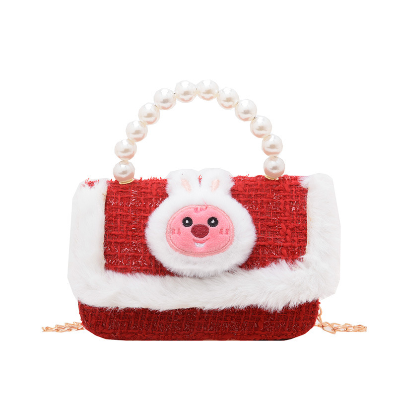 New Year's bag: Girl's crossbody pearl handbag, bow, heavy and stylish plush bag, red girl princess bag Item Picture
