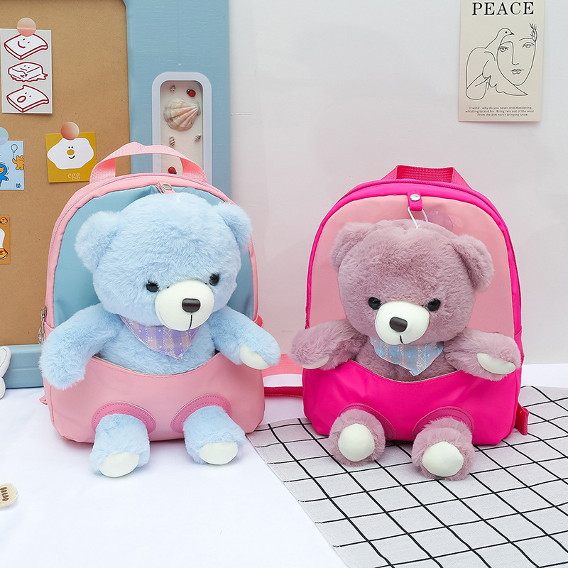 Cute little bear doll children's backpack, kindergarten schoolbag, cartoon fashionable and cute scarf, little bear lightweight backpack details Picture