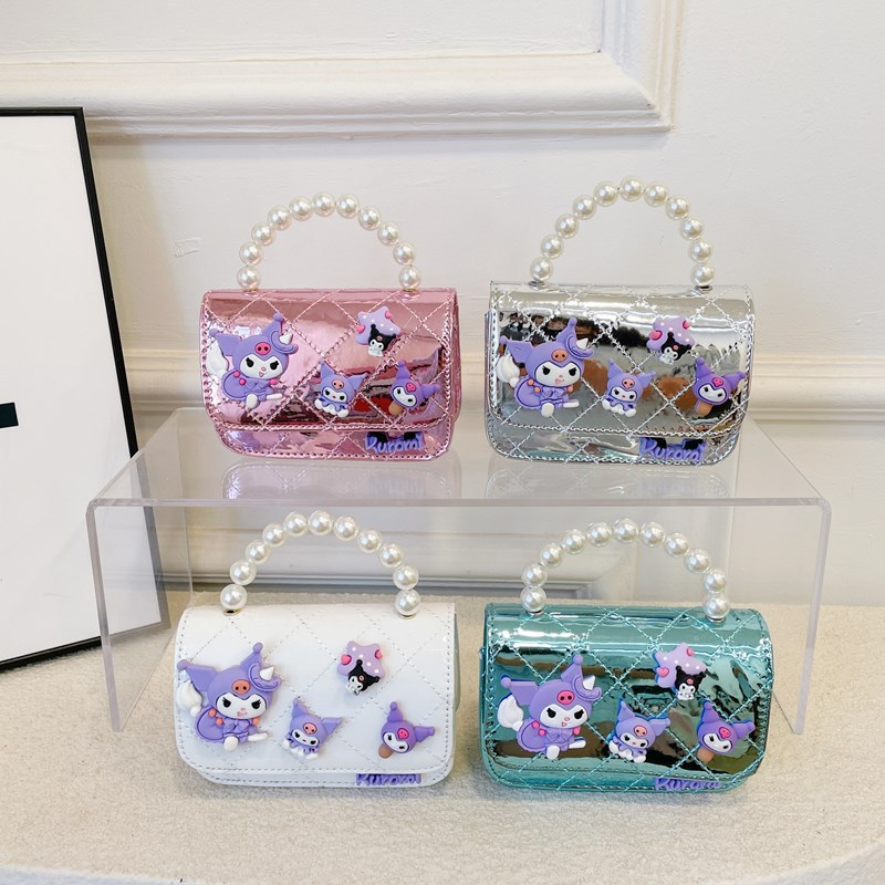 Children's bags, girls' fashionable chain crossbody bags, cute cartoon single-shoulder bags, shiny pearl handbags, small square bags full figure