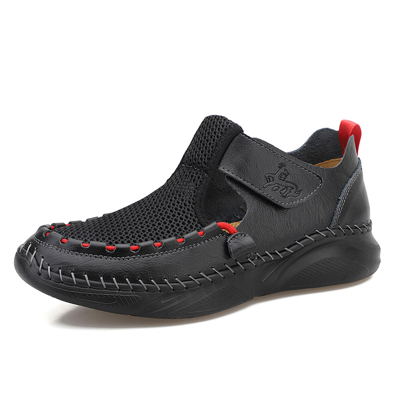 Cross-border plus-size men's sandals 2021 Summer new style mesh shoes, perforated breathable cowhide outdoor sports wading slippers Specification drawing