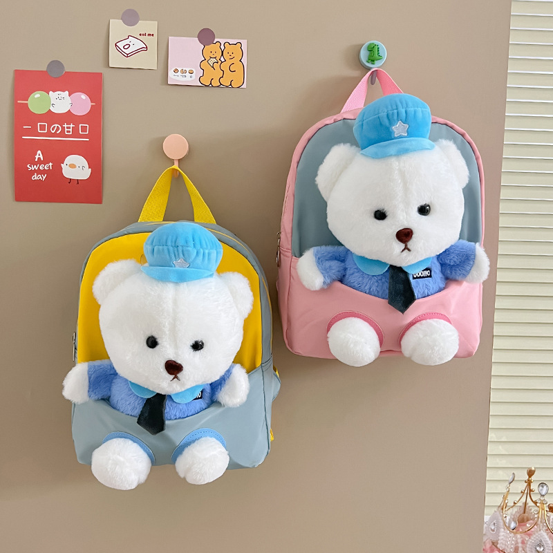 Children's schoolbags, cartoon police bear plush backpacks, kindergarten backpacks, nylon waterproof and wear-resistant small backpacks, cross-border details Picture
