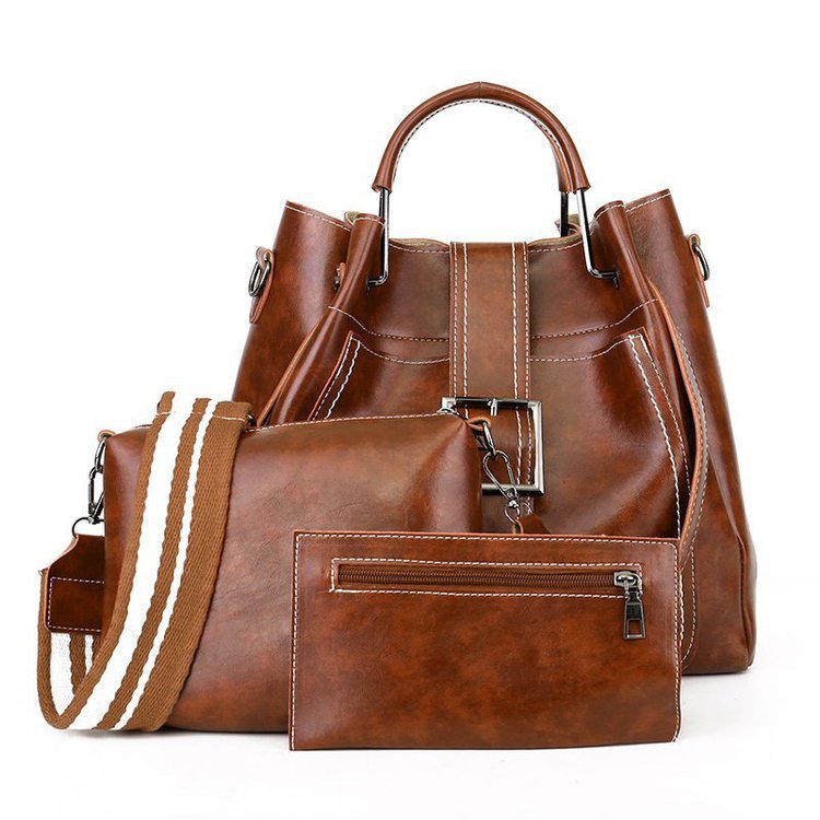 New cross-border three-piece women's bag set, European and American hand-held bill of lading, shoulder crossbody bucket bag, foreign trade trend, one piece global consignment full figure