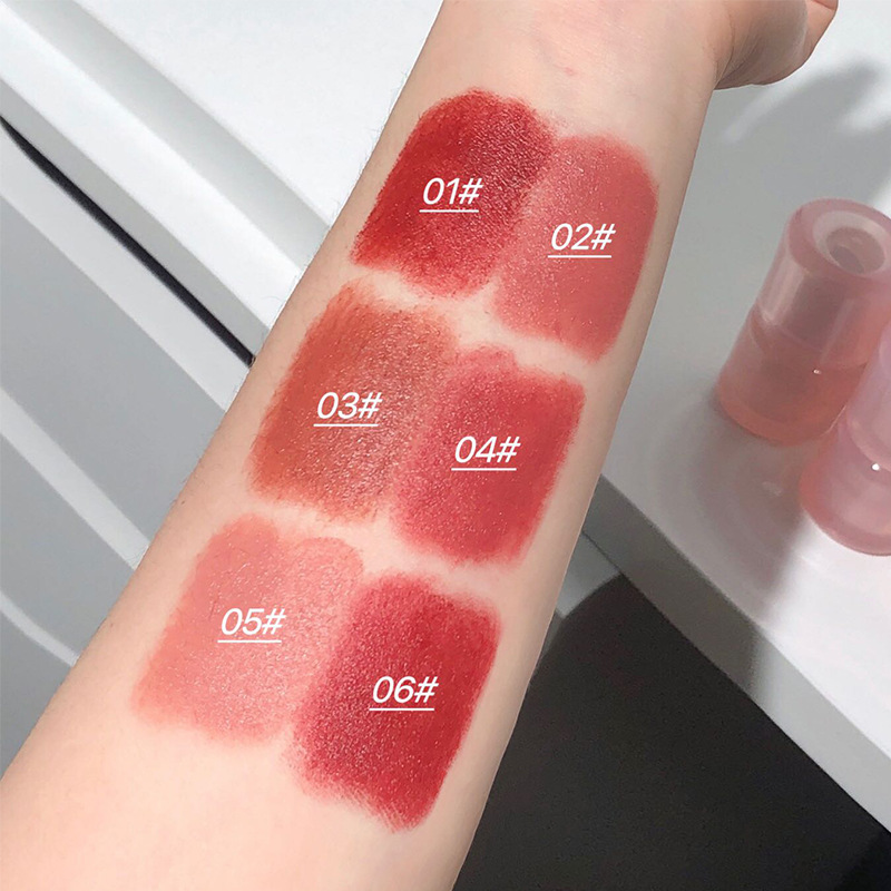 "Six colors of glass mousse lipstick, cross-border European and American personal care, waterproof, matte, frosted makeup lipstick, nude color, easy to apply. Specification drawing