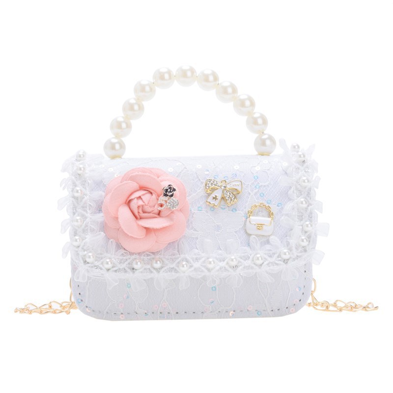 New children's bags, fashionable pearl handbags, girls' flower single-shoulder bags, trendy chain crossbody bags and backpacks Item Picture