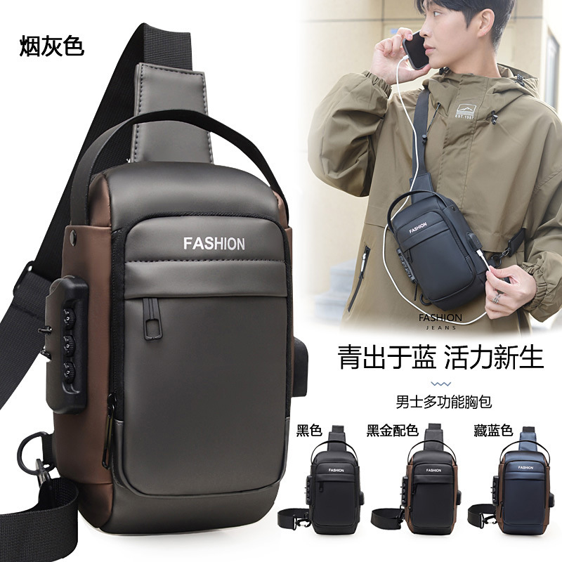 New USB charging crossbody fashionable single-shoulder bag, casual sports anti-theft small backpack, multi-functional password lock chest bag details Picture