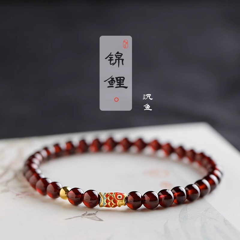 S925 Silver Koi Multi-Ring Crystal Bracelet for Women, Chinese style zodiac Year jewelry, Natural wine red garnet crystal Bracelet 294 details Picture