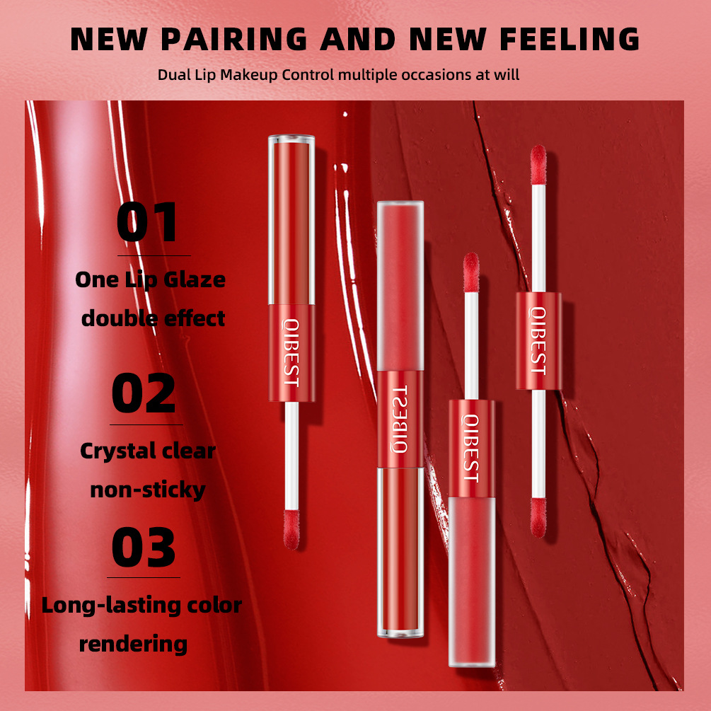 QIBEST Cross-border Velvet Two-in-One Double-head Matte Lip Gloss Matte Waterproof Non-stick Cup Non-fading Lip Gloss Set Specification drawing