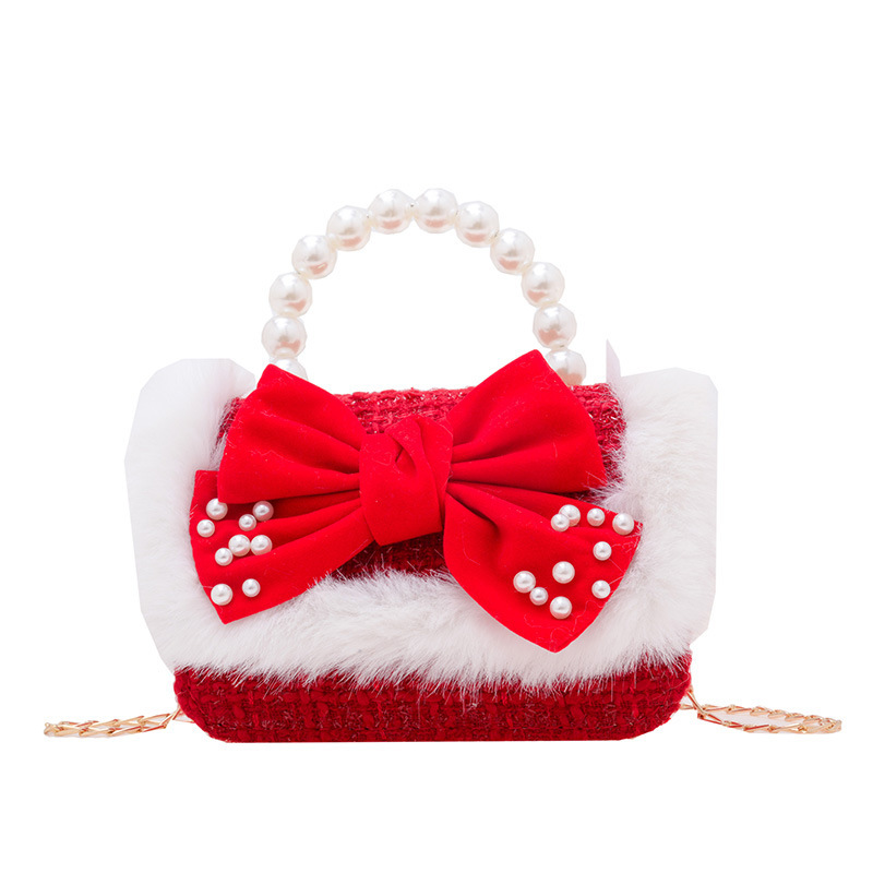 Children's small square bag, fashionable pearl handbag, autumn and winter children, New Year festival girls' bow, fabric single-shoulder bag Item Picture