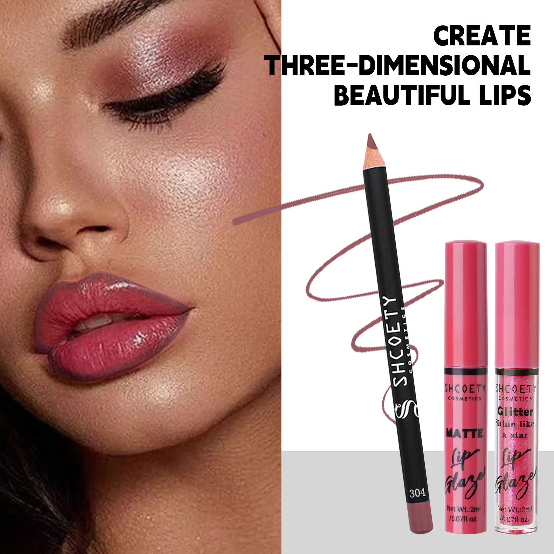 SHCOETY Cross-border Lipstick Set: Pearlescent Fine Sparkling Lip gloss, matte, waterproof, non-stick cup Lip gloss, Lip liner pen details Picture