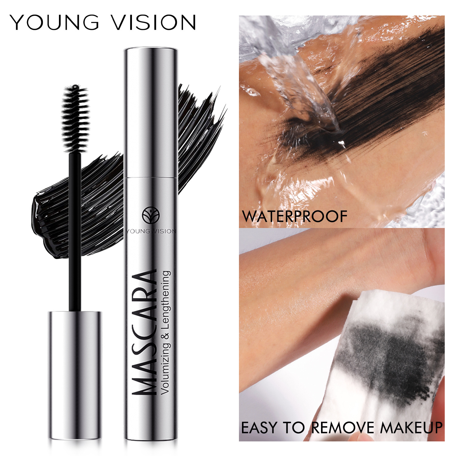 young vision makeup is rich and thick, with a water-like curling mascara and a silver tube black drawstring fiber mascara Specification drawing