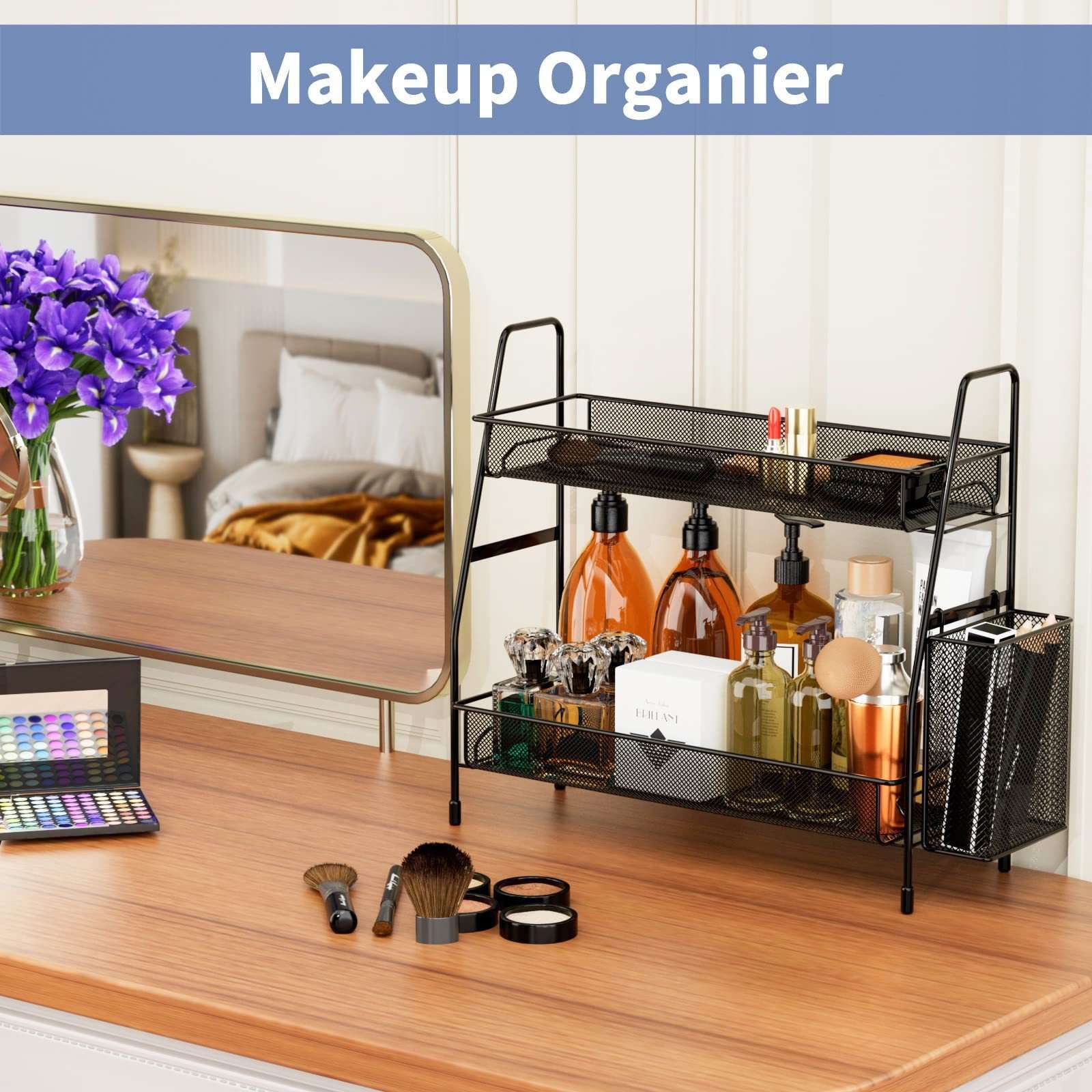 N14-CY-0233 Double-layer mesh kitchen shelf countertop seasoning rack, detachable ironwork for storing condiments detail image 1