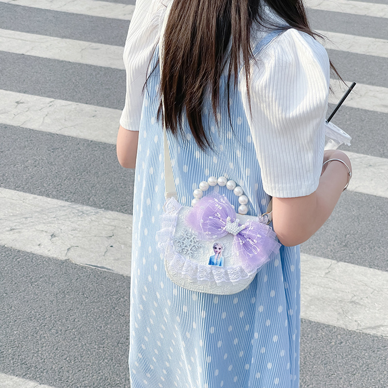 New cartoon princess pearl handbag, lace bow, girls' single-shoulder bag, loose change crossbody bag for children. Trendy Specification drawing