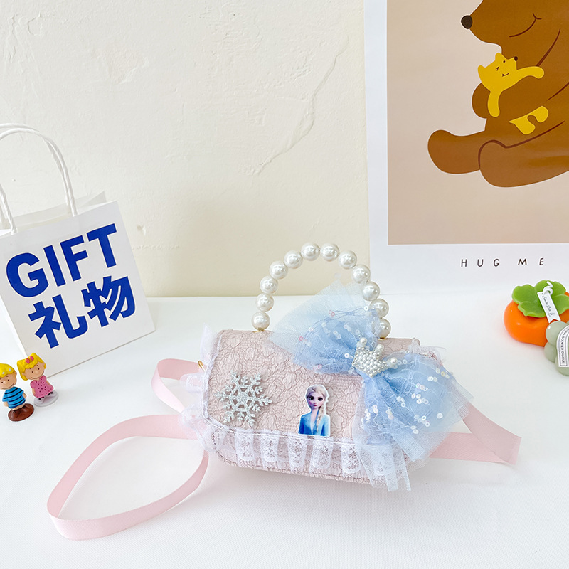New cartoon princess pearl handbag, lace bow, girls' single-shoulder bag, loose change crossbody bag for children. Trendy details Picture