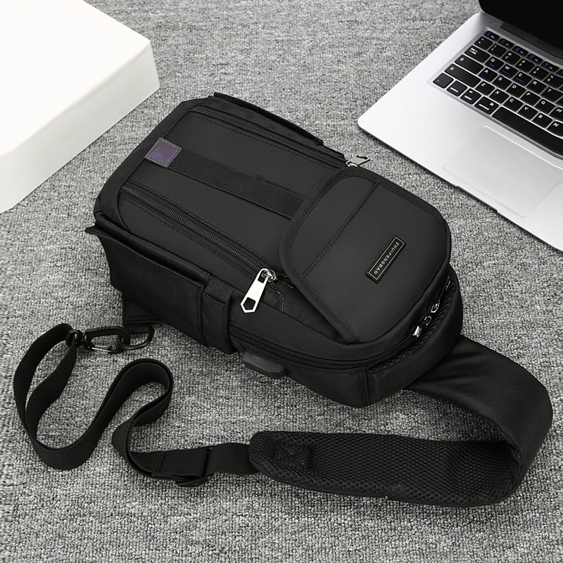 Men's chest bag, trendy casual single-shoulder backpack, cross-border water-resistant crossbody bag, USB rechargeable multi-functional men's bag Specification drawing