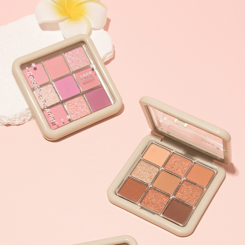 Jinhua cross-border nine-color eyeshadow, glitter, matte, pearlescent, fine glitter, pink eyeshadow palette brand wholesale cosmetics details Picture
