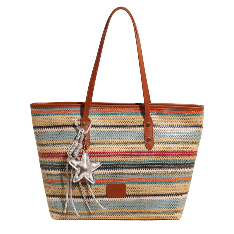 Summer striped woven large-capacity tote bag 2025 New style fashionable and trendy Korean style simple and elegant casual single-shoulder bag Item Picture