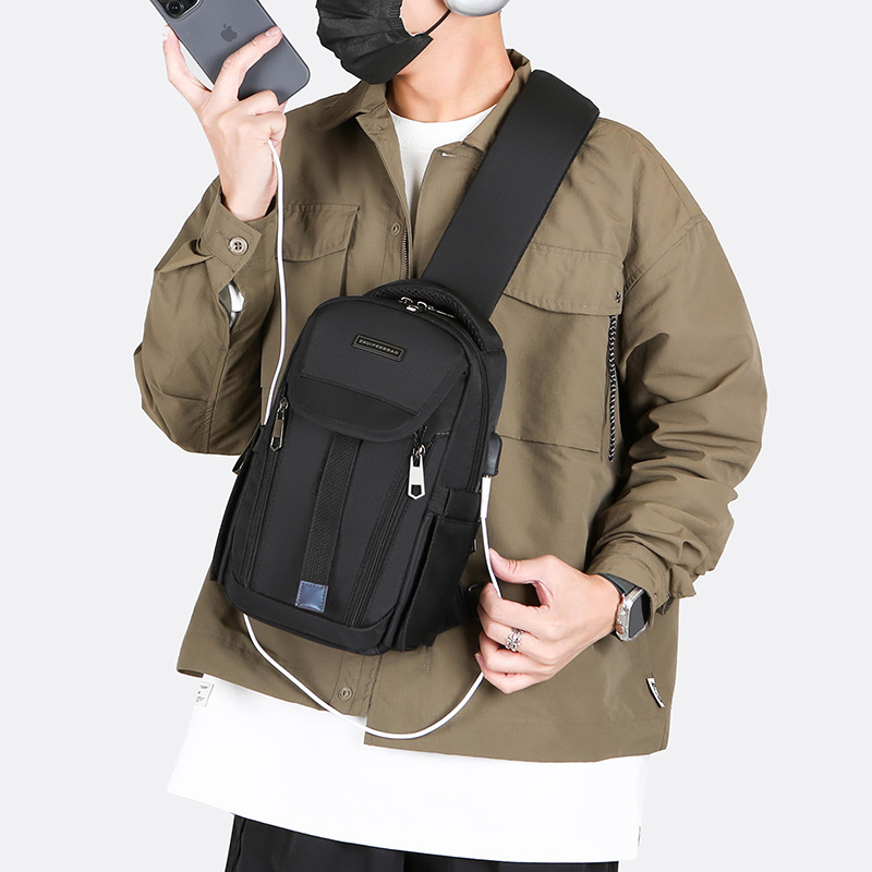Men's chest bag, trendy casual single-shoulder backpack, cross-border water-resistant crossbody bag, USB rechargeable multi-functional men's bag details Picture