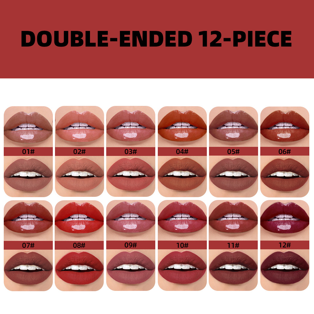 QIBEST Cross-border Velvet Two-in-One Double-head Matte Lip Gloss Matte Waterproof Non-stick Cup Non-fading Lip Gloss Set details Picture