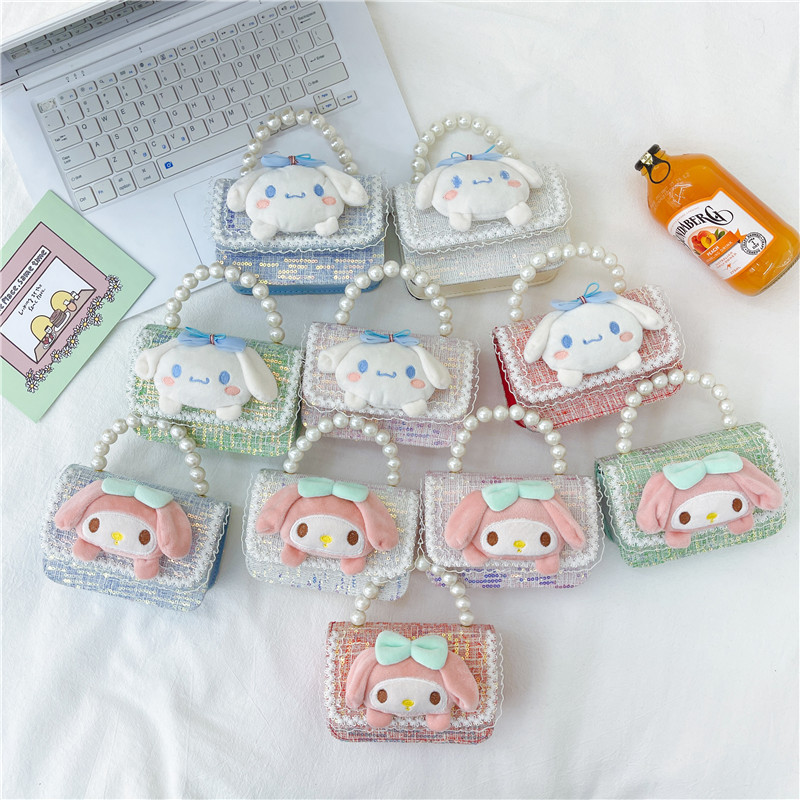 New pearl handbag, cotton and linen children's single-shoulder bag, mini square, trendy and versatile girls' chain, princess coin purse full figure