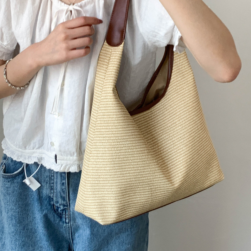 2025 New retro woven tote bag, straw woven bag, Korean style large-capacity single-shoulder bag, vacation-style beach bag for women Specification drawing